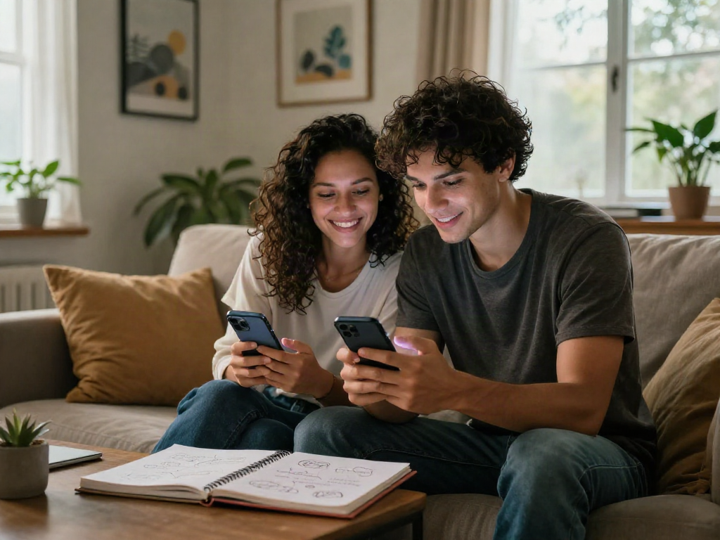 Couple exploring ai porn chat on smartphones in a cozy living room.