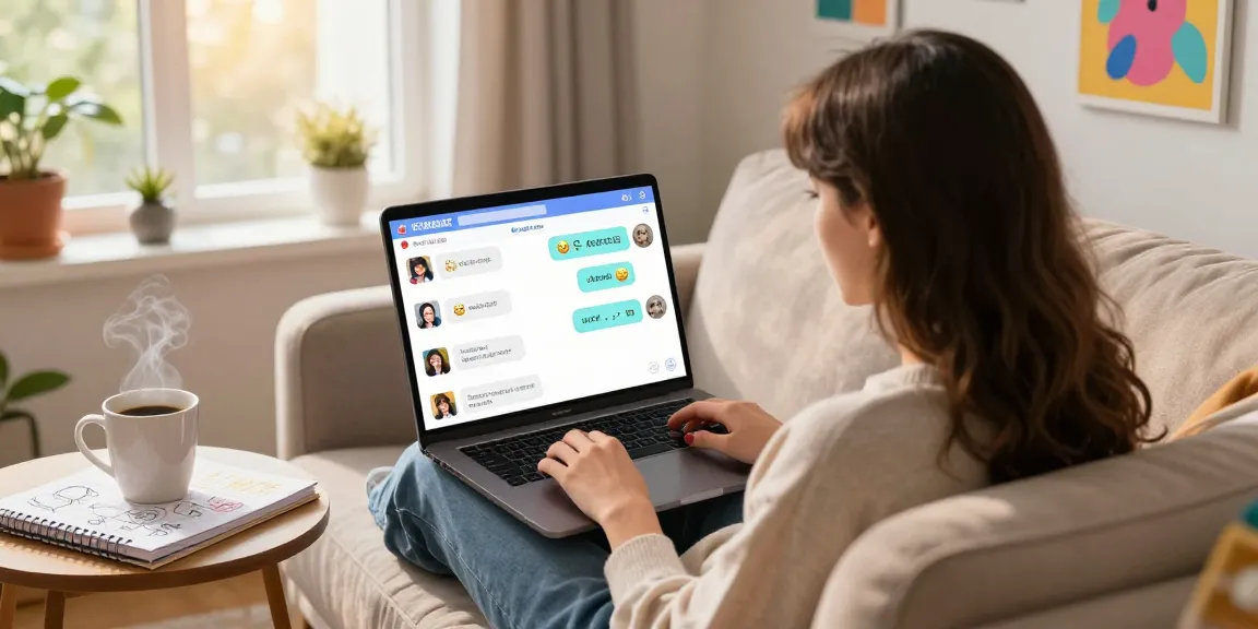 Engaging user in playful NSFW AI chat on a laptop with vibrant characters and emojis.