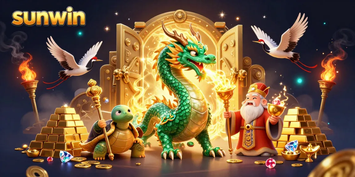 Experience sunwin's vibrant gaming universe with a mythical dragon, wise sage, and lucky cranes amidst golden treasures.
