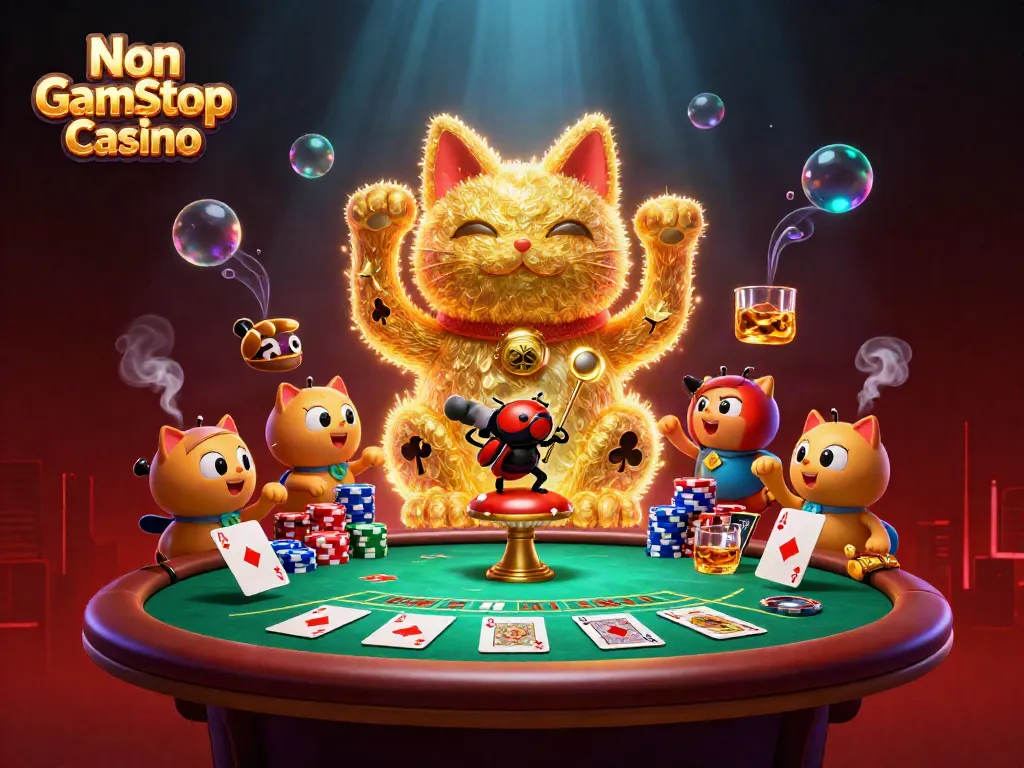Engage in excitement with a Non Gamstop Casino illustration featuring a lucky cat and poker elements.