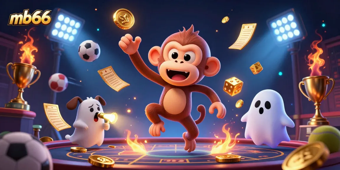 Experience thrilling gambling with mb66 as a playful poltergeist monkey juggles golden chips and cards.