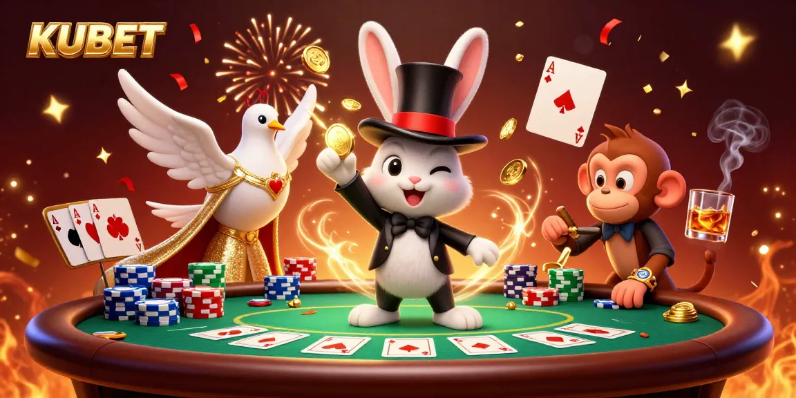 Experience winning at KUBET as a magician rabbit pulls coins, surrounded by vibrant poker action.